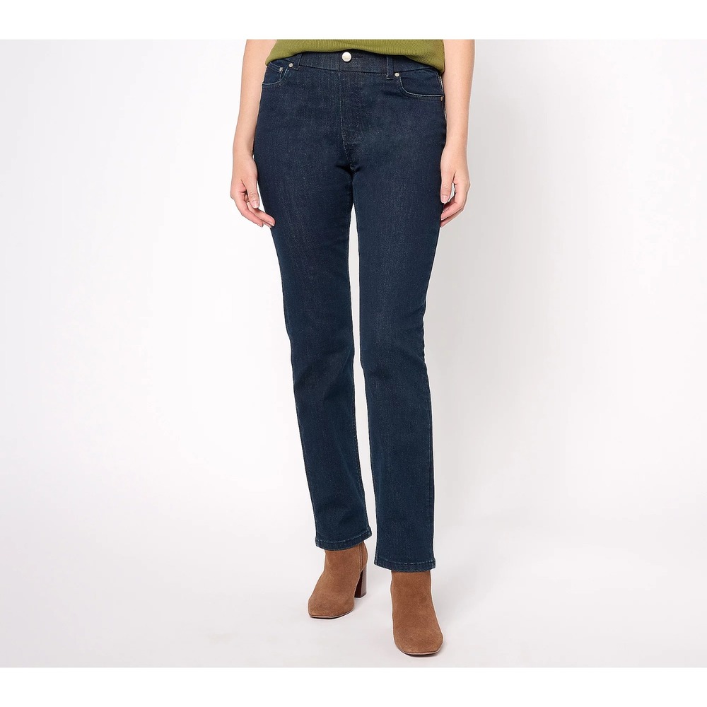 Denim & Co. Perfect Flex Tall Straight Leg Pull-On Jeans Dark Blue 8 Tall